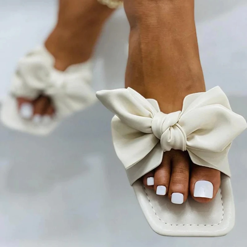 

Sexy Bow-knot Women Slippers 2022 Fashion Flat Sandals Summer Home Wild Holiday Leisure Square Head Slides Street Woman Shoes