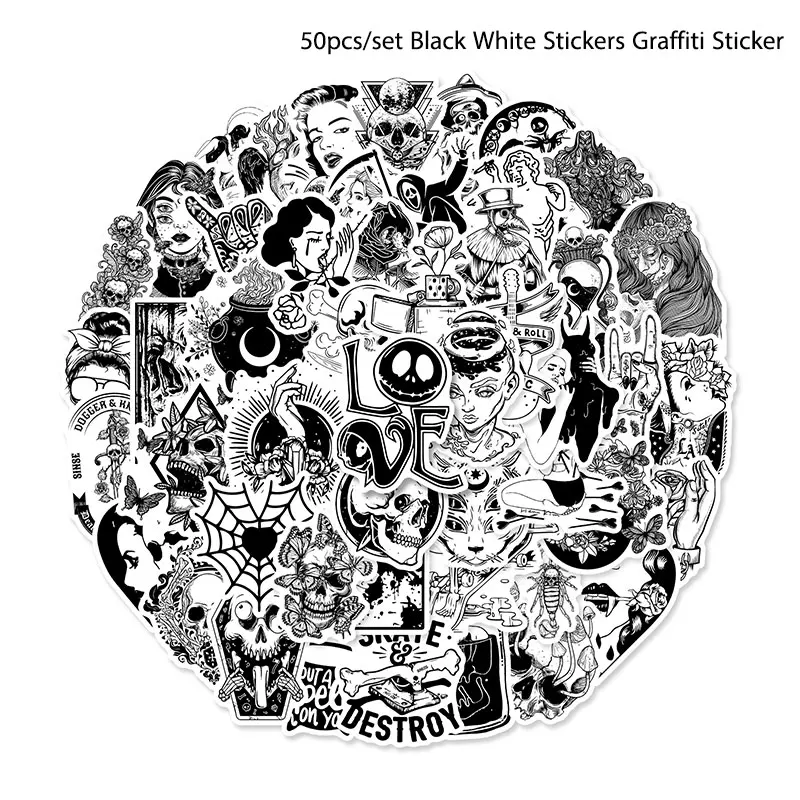 

50 Sheet Black White Stickers Graffiti Stickers for Laptop Luggage Styling
