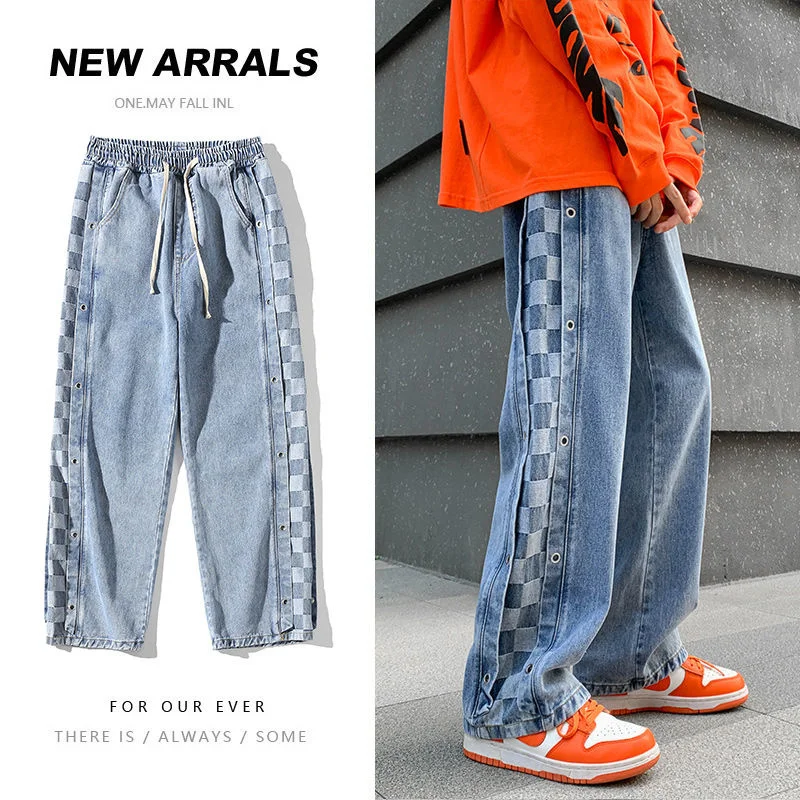 

Hybskr Chequer Lattice Wide Leg Jeans Men's Harajuku Baggy Denim Pants Elastic Waist Hip Hop Male Trousers Casual Streetwear