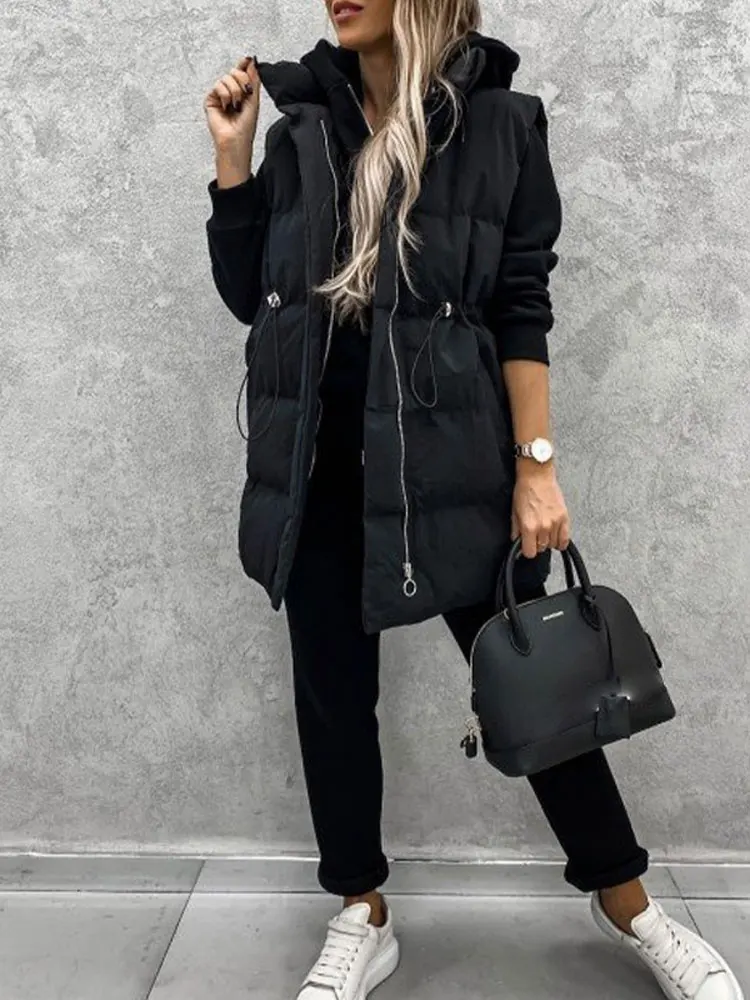 Женский пуховой жилет средней длины черная теплая Свободная куртка без рукавов с