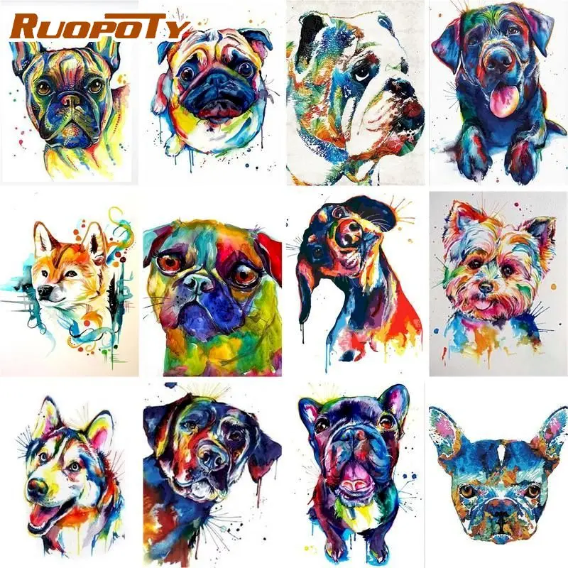 

RUOPOTY DIY Oil Painting By Numbers Kits Dogs 60x75cm Acrylic Paint By Numbers Animals Frameless Number Painting On Canvas
