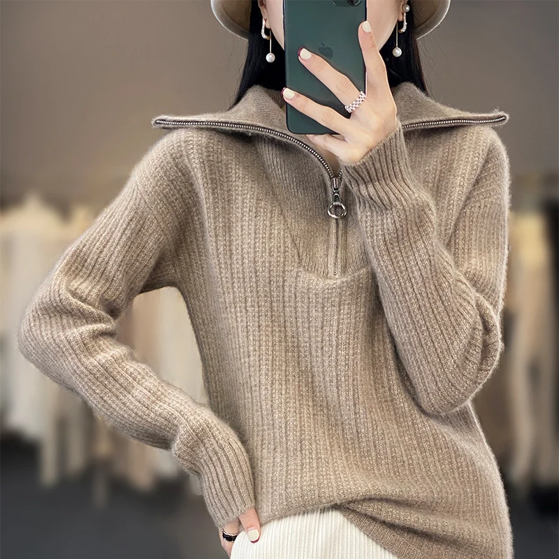 

Autumn And Winter Thickened Ladies Knitted Jumper 2022 New 100% Wool Lapel Solid Colour Zip Pullover High-end Fashion Trend Tops