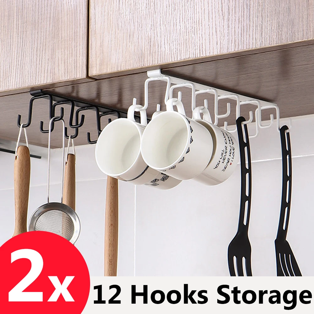 Iron 6/12 Hooks Storage Shelf Wardrobe Cabinet Metal Under Shelves Mug Cup Hanger Bathroom Kitchen Organizer Hanging Rack Holder