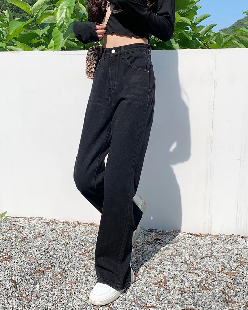 Loose fitting jeans for women black summer high waist straight tube casual small crowd after washing the slit shows the trend