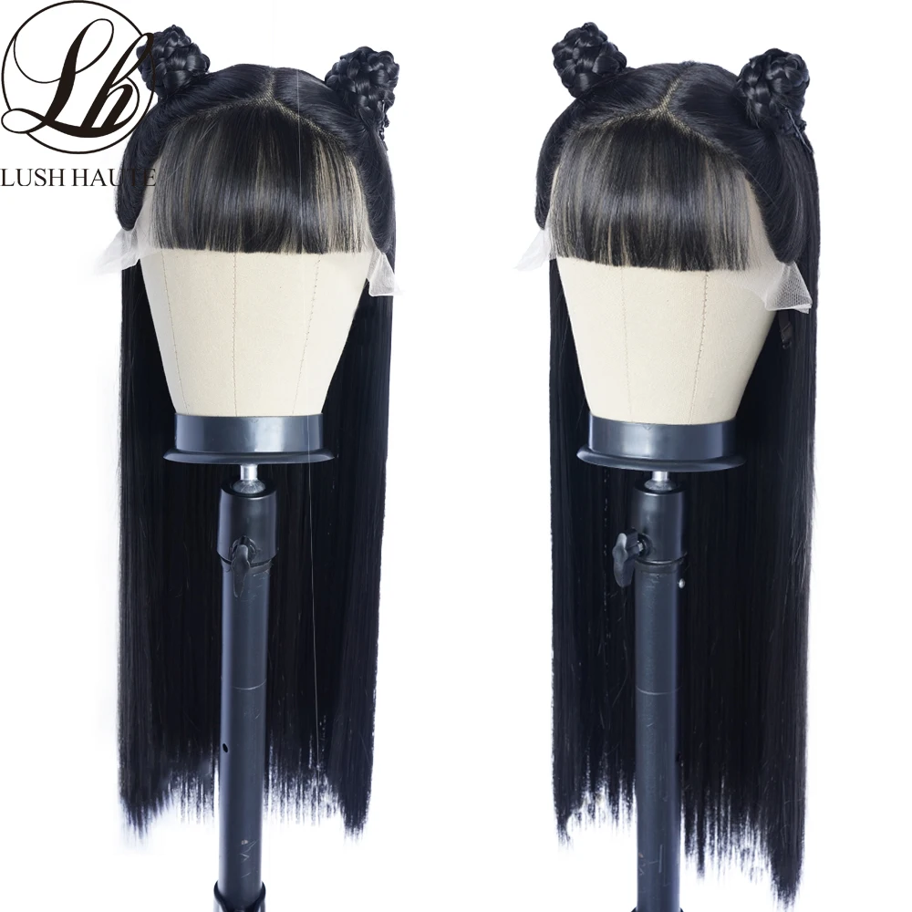 Straight Lace Wig With Bangs Synthetic 13X4 Lace Wigs Natural Hairline Fringe Straight Wigs Glueless Heat Resistant Fiber Hair