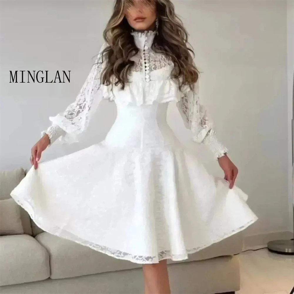 

MINGLAN Fashion White High Neck Full Sleeve Lace Appliques Short A Line Prom Dress Knee Length Pleat Evening Gowns For Women New