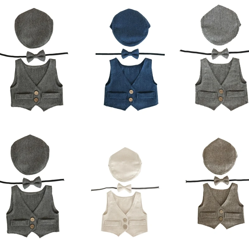 

3 Pcs Newborn Photography Props Baby Beanie Hat Bow Tie Vest Solid Color Outsuits Infants Photo Shooting Clothes Fotografia