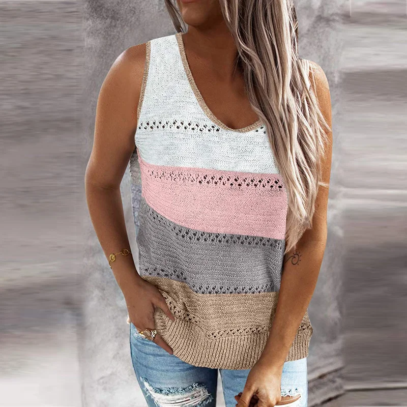 

Sexy V-neck Sleeveless Tank Tops Women Summer Casual Solid Loose Ladies Vest Fashion Hollow Knitted Tanks Women Clothing 25882