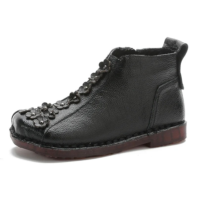 New High-end Winter Boot Shoes Warm Plush Ankle Boots Mother Female Genuine Leather Retro Casual Autumn Flower Shoes