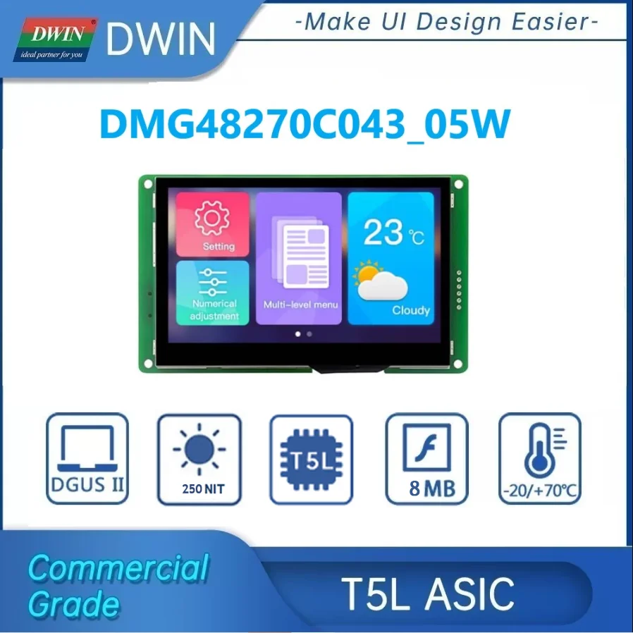 

DWIN 4.3 Inch 480x272 TFT LCD Display Module Commercial Grade Capacitive/Resistive TTL/RS232 UART Touch Screen DMG48270C043_05W