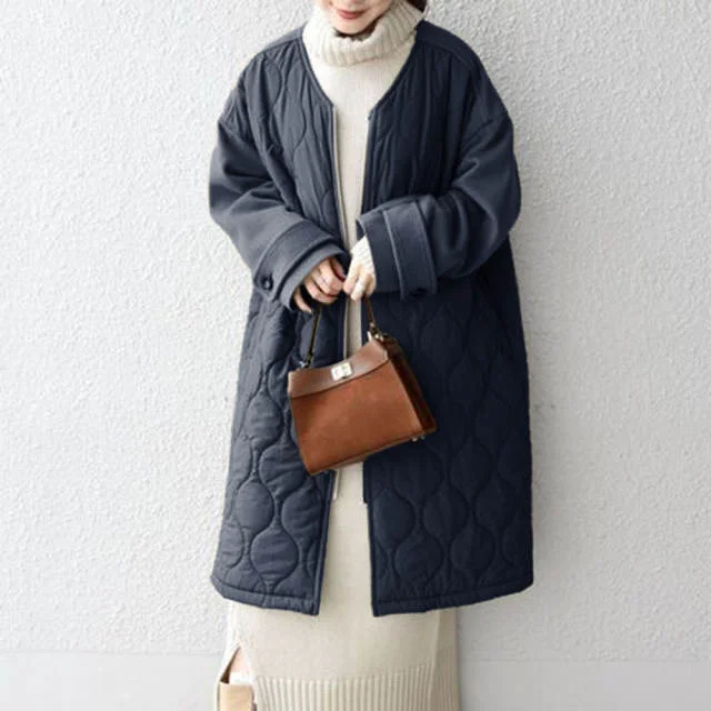 2022 Autumn And Winter New Splicing Contrast Color Long Cotton Coat For Women Warm Padded Woolen Overcoat Zipper Up Jackets
