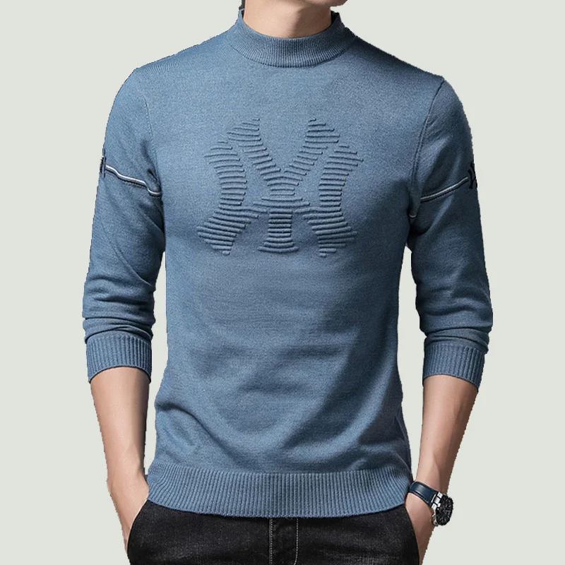 

New Men's Knitted Half Turtleneck Sweater Harajuku Letter Embroidery Winter Warm Woolen Casual Solid Color O Neck Pullover Male