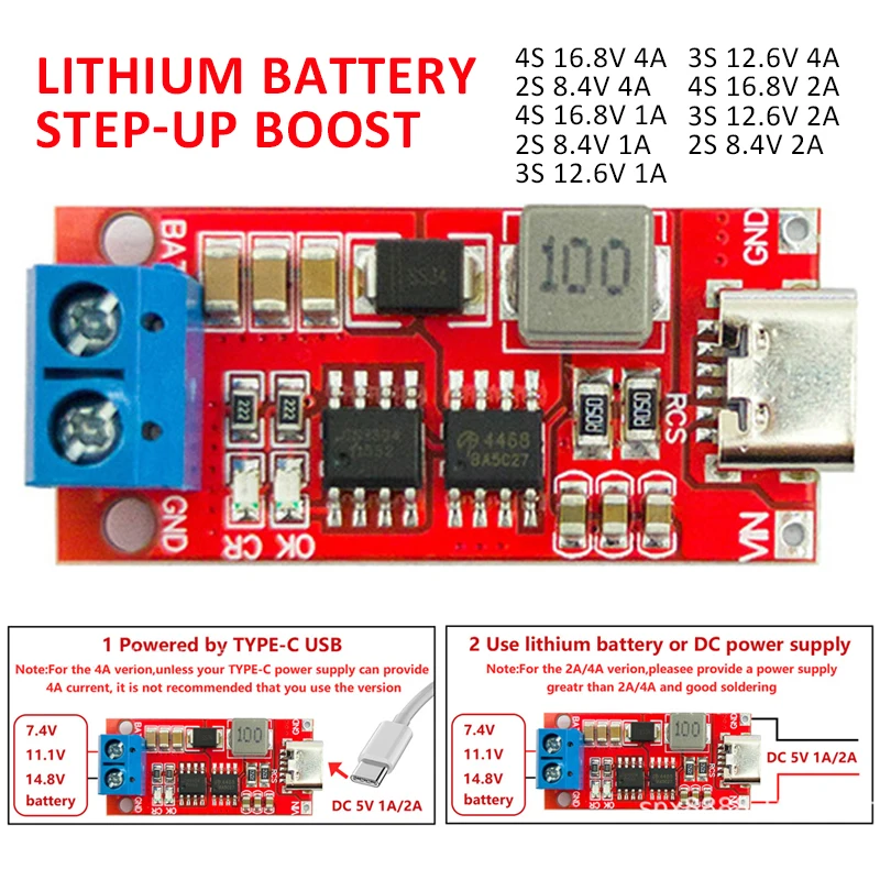 

2S 3S 4S Type-C to 8.4V 12.6V 16.8V 1A 2A 4A Boost Lithium Battery Module Durable Li-on Lithium Batteries 18650 Charging Board