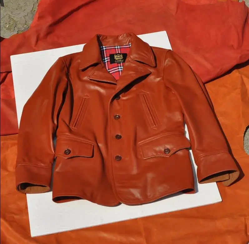 

Free shipping.On sales.Classic casual leather jacket.Men Orange oil cowhide coat.Outlet genuine leather clothes.fashion discount