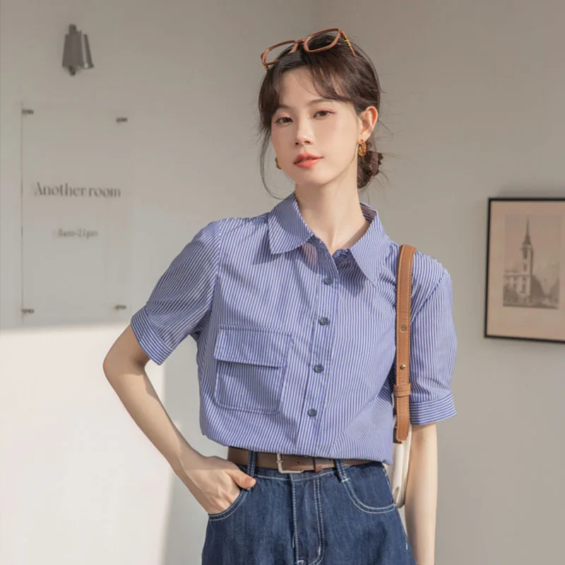 Женская рубашка с коротким рукавом и отложным воротником Офисная Повседневная