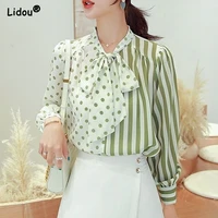fashion new casual shirts female loose straight bow neck asymmetrical print long sleeve chiffon blouse womens clothing 2022