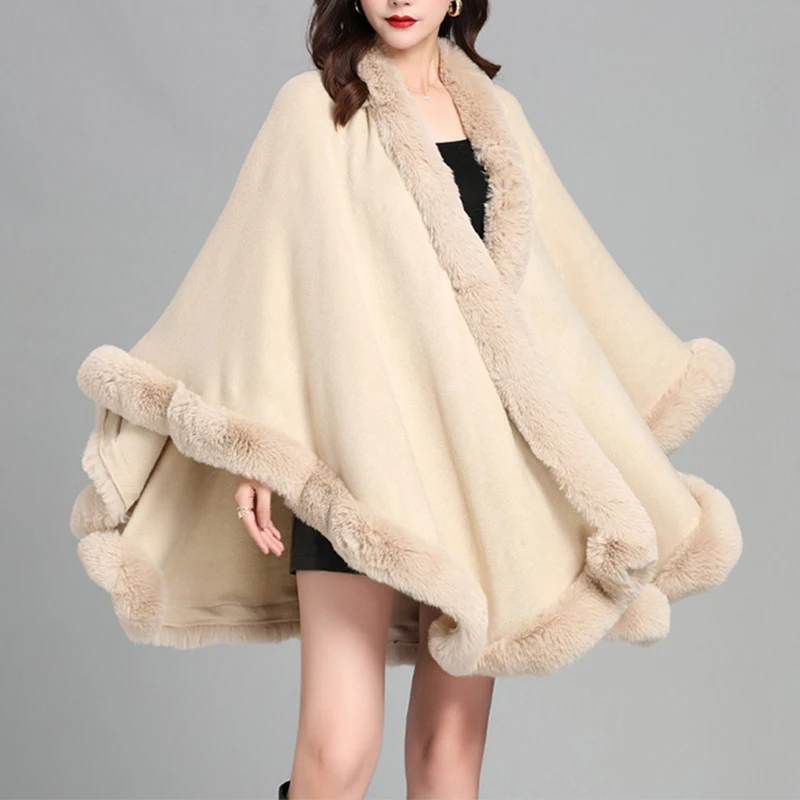 

Sexy Women Soft Faux Rex Rabbit Fur Cape Coat Knitted Cardigan Cloak Long Big Shawl Fashion Winter Outwear Office Lady Clothes