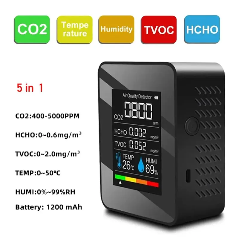 

Многофункциональный Тестер CO2 5-в-1, Цифровой Детектор Температуры И Влажности, Монитор Качества Воздуха TVOC HCHO