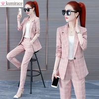 summer new korean fashion elegant womens pants suit thousand bird lattice slim fit jacket white vest trousers three piece set