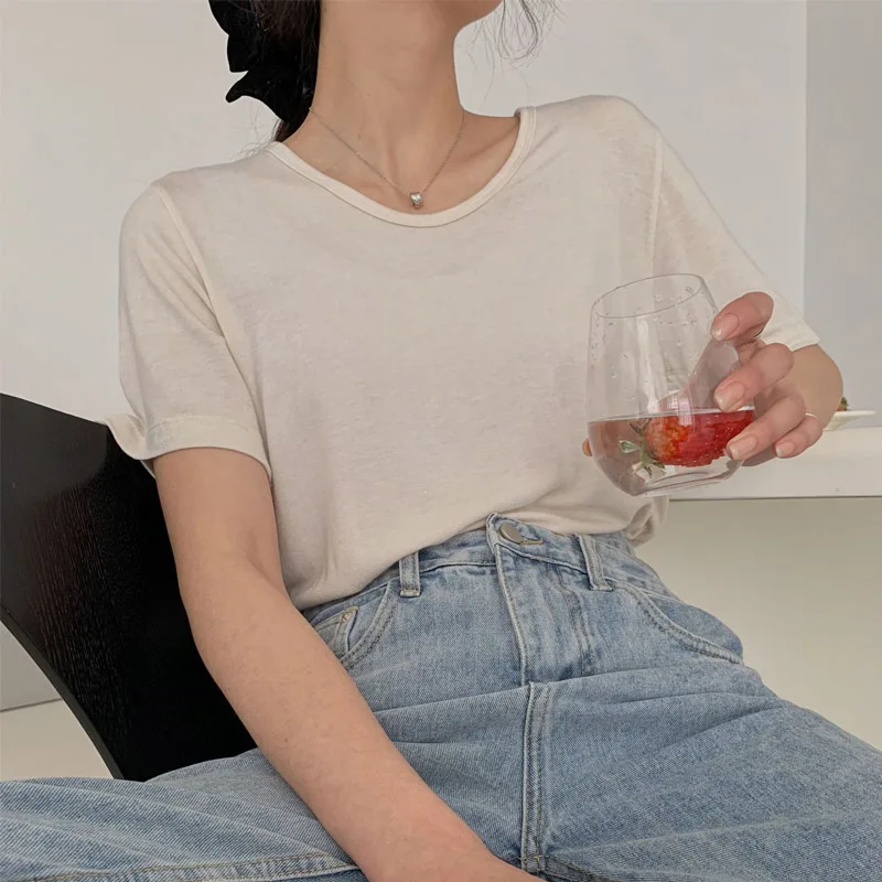 

Summer Women's Casual Solid Color Round Neck Short Sleeve T-Shirt