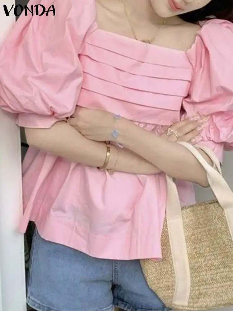 

Women Solid Color Summer Blouses VONDA Sexy Square Collar Tunic Tops 2023 Half Puff Sleeve Elegant Pleated Shirts Casual Blusas