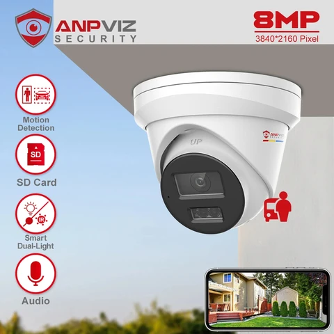 Anpviz 8MP POE IP-турельная камера Уличная интеллектуальная камера с двойным освещением ColorVU CCTV Видеонаблюдение IP67 Слот для SD-карты Обнаружение человека/автомобиля