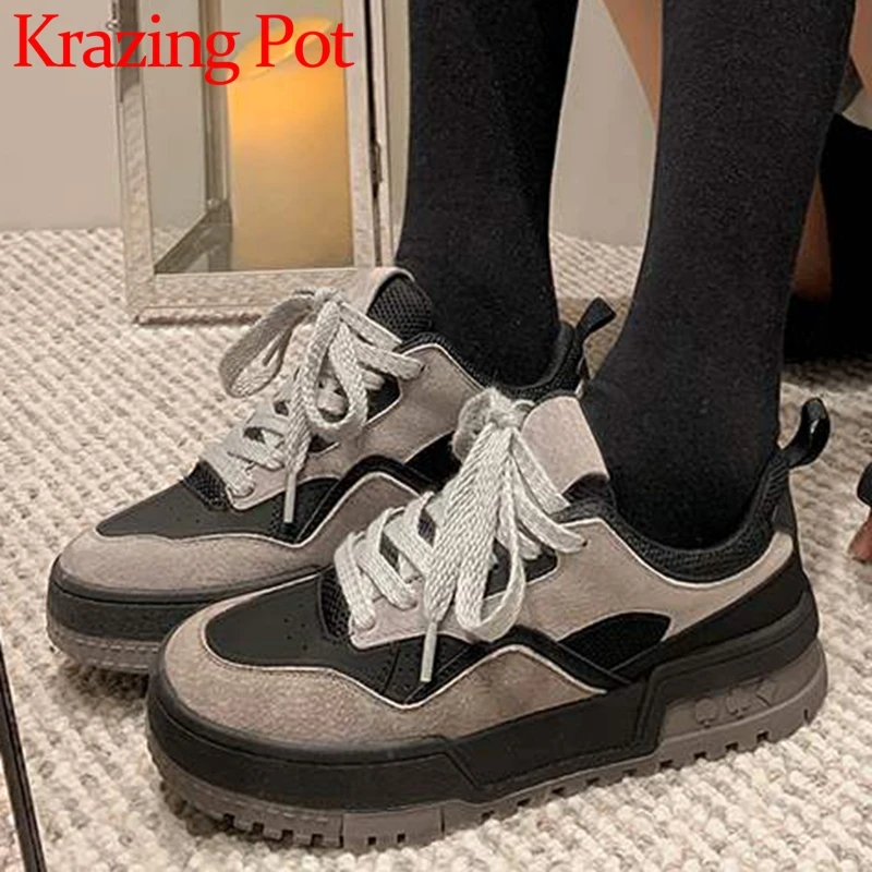 

Krazing Pot New Size 40 Cow Suede Round Toe Med Heels Platform Lace Up Personality Mixed Colors Sneakers Causal Vulcanized Shoes