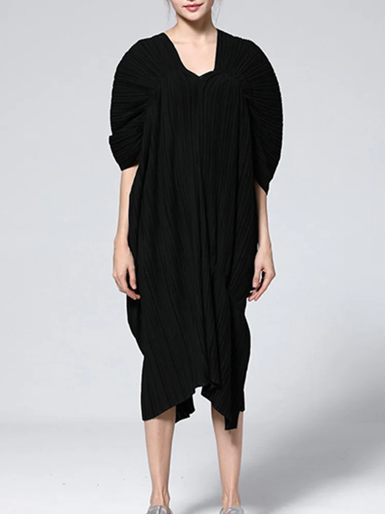 

Pleated TVVOVVIN Women Dress For Chic Style Short Sleeve High Quality A Line Loose Fashion New 2023 Autumn Dresses Female 1PAS