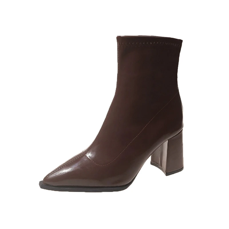 Женские ботильоны с острым носком кожаная обувь на высоком массивном каблуке