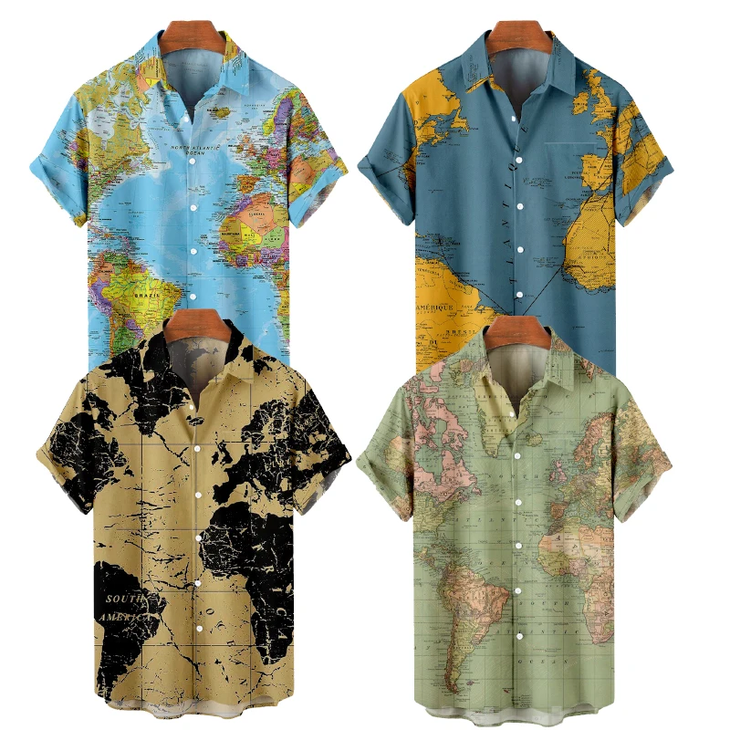 2022 Hot Sale 15 Pieces World Map Digital Printing Oversized Button Loose Short Sleeve T-Shirts For Men