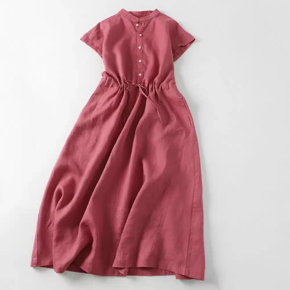 

Linen Cotton Long Maxi Dress Summer Women Soft Big Swing Beach Long Dresses O Neck Solid High Waist Vestidos Vintage Loose I231