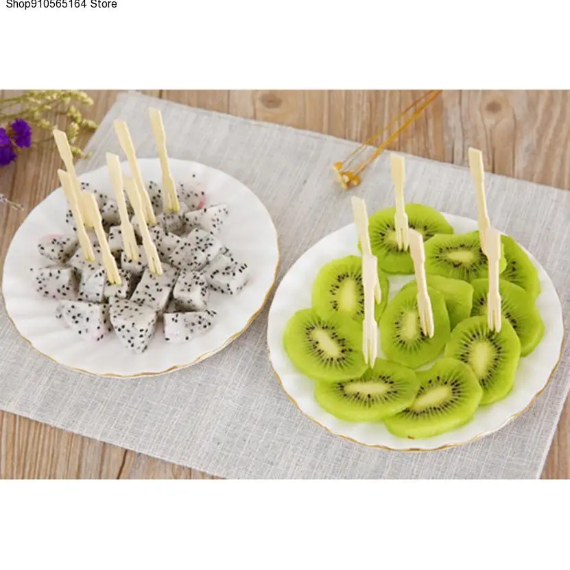

80PCS Disposable Bamboo Catering Forks Fruit Stick Finger Food Pick Forks Beige Cocktail Sticks Party Dessert Utensil Disposable