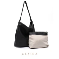 cezira simple casual pu leather handbag for women solid color soft vegan leather hobo female daily bucket shoulder bag zip purse
