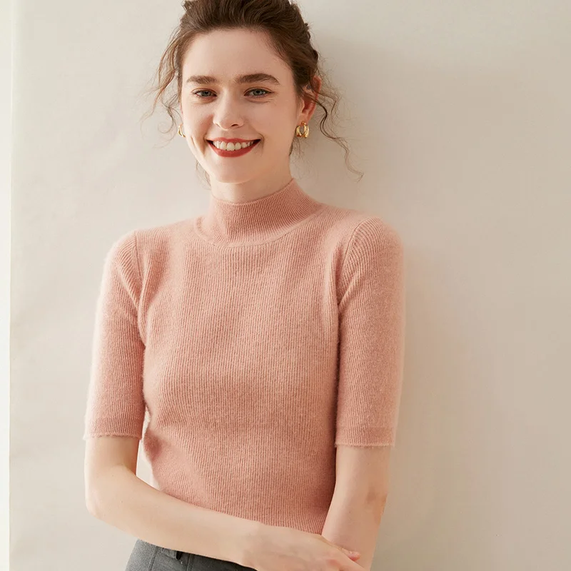 Женский шерстяной облегающий однотонный эластичный пуловер с коротким рукавом и