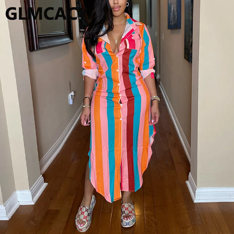 

Женское платье-рубашка в полоску, с длинным рукавом, на пуговицах