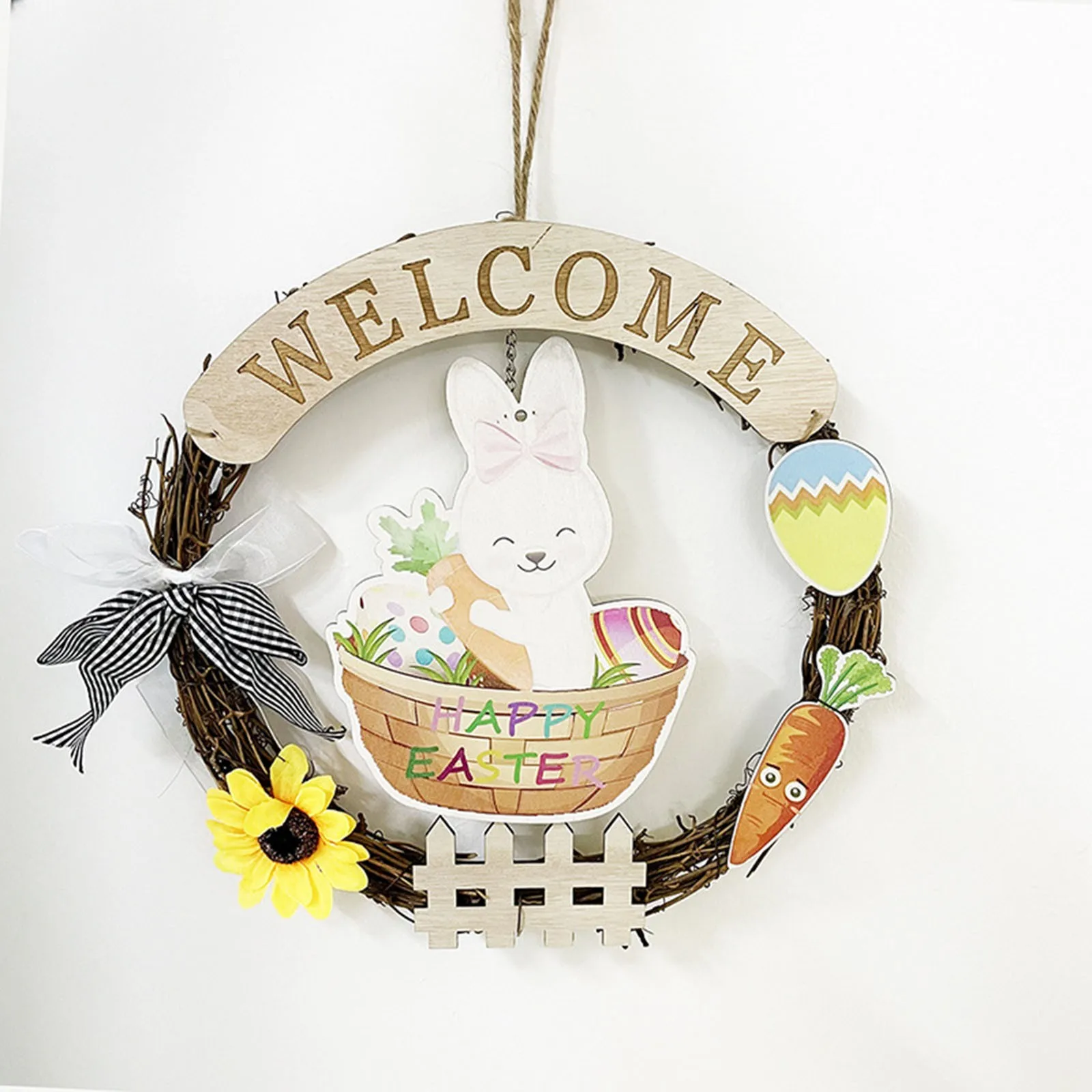 

Wooden Easter Cute Rabbit Carrot Garland Door Oranment Wall Decor Bunny Decorative Wreath Party Theme Prop Home Easter Gift