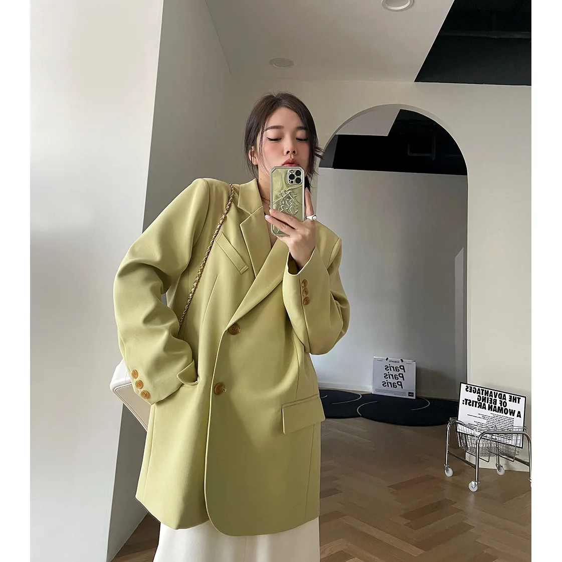 

2022 Spring Chic Blazer Pink / Coffee Latte / Vanilla Green Women Long Coat Korean Oversize Blazer Jacket