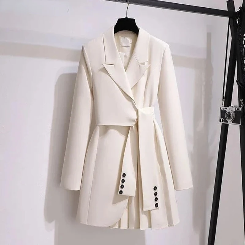 Korean Fashion Temperament White Dress 2023 New Lace Up Waist Notched Long Sleeve Mini Pleated Blazer Dresses for Women E43