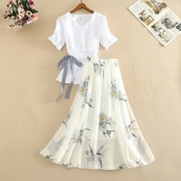 womens ruffled waist shirt print long skirt two piece suit summer elegant floral high waist a line skirts sets casual clothes
