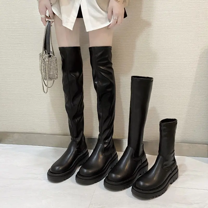 

2022 Fashion Round Toe Platform Riding Boots Women Black Punk Chunky Heel Over The Knee Boots Slip On Shoes Women Footwear 35-40