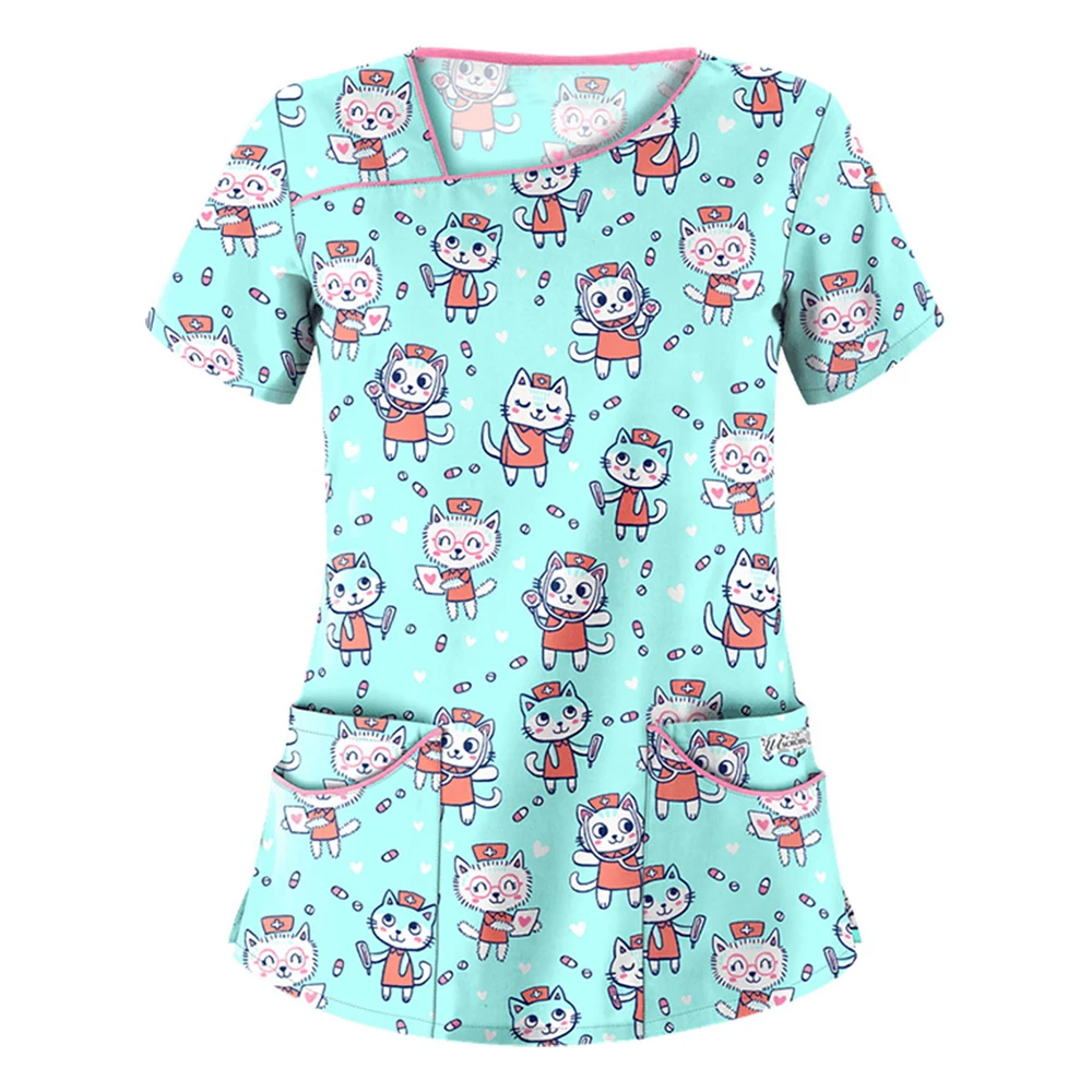 

Женская униформа медсестры 3XL, топы с мультяшным принтом, топ с коротким рукавом и косым воротником, медицинская Клиническая униформа для ко...