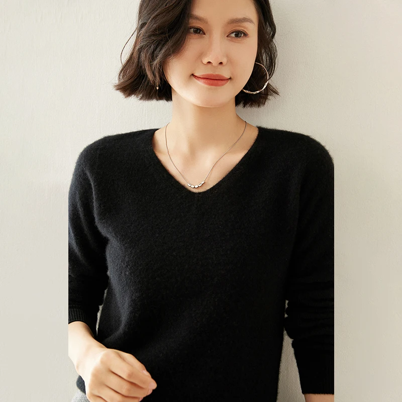 Женский кашемировый свитер смесь кашемира 35% V-образный вырез трикотаж