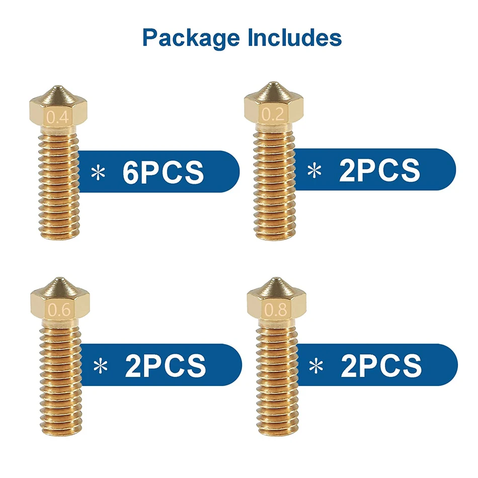 

Комплект латунных насадок V6 Volcano, 12 шт., 0,2/0,4/0,6/0,8 мм, дополнительные сопла экструдера 0,4 мм, Филамент M6 1,75 мм для 3D-принтера, детали
