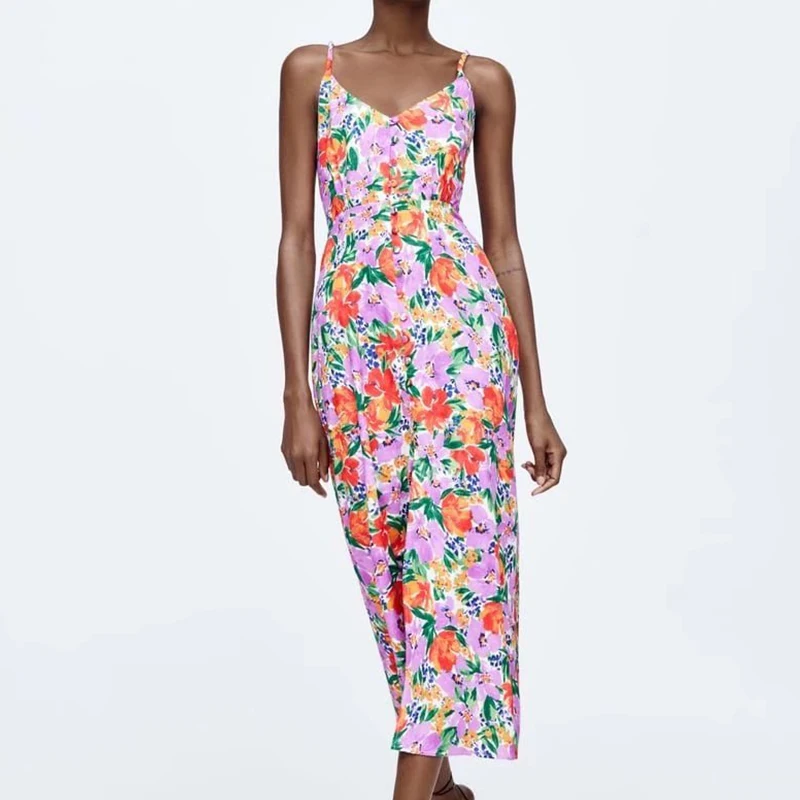 

Женское длинное платье без рукавов, винтажное платье-комбинация с цветочным принтом, V-образным вырезом, пуговицами и разрезом, модель FH2851 н...