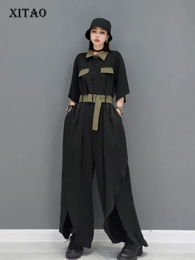

XIAO Women New Jumpsuits Contrast Color Bandage Splicing Simplicity Fashion Temperament Turn-down Collar Trendy WMD1432