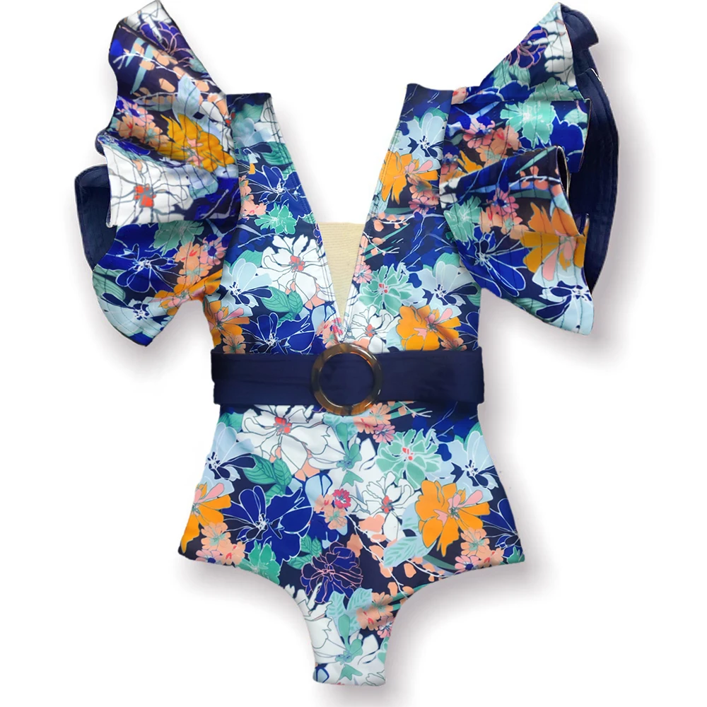 

Ruffle Floral Printed Tropical Style Summer Beach One Piece Swimwear Monokini Push Up Padded Swimsuit Bathing Suit Female