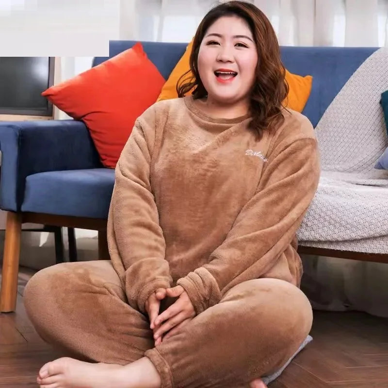 Size 6XL 140kg Winter Warm Coral Fleece Pajamas Sets Long Sleeve Top And Pants Sleepwear Suit Home Women Female Sleepwear
