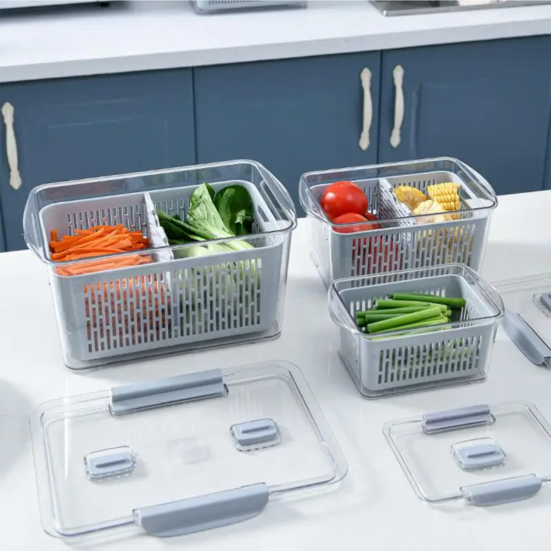

Vegetable Storage Box 3Pcs Large Capacity Refrigerator Storage Containers Leak Proof Food Box With Removable Colander For Fruits