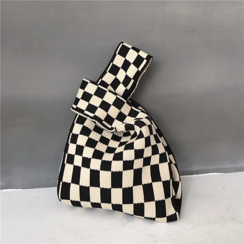 Korea Ins Knitted Checkerboard Tote Bag 2022 Women Handbags Shoulder Knitting Women's Bag Striped Armpit Bag for Women