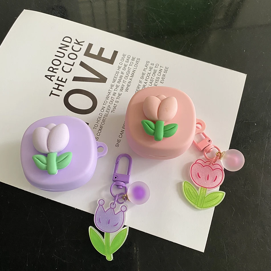 

For Samsung Galaxy Buds 2 Pro / Buds Live /buds2 PRO Case Cute Flower Tulip Keychain Silicone Earphone Cover Accessory Box